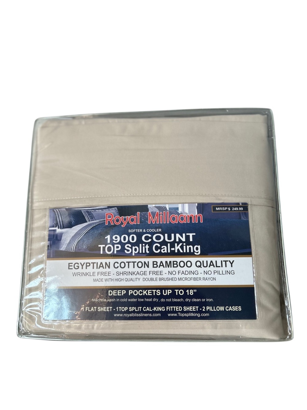 Royal Millaann 1900 Count Top Split Cal-King Sheet Set Tan Beige NIP